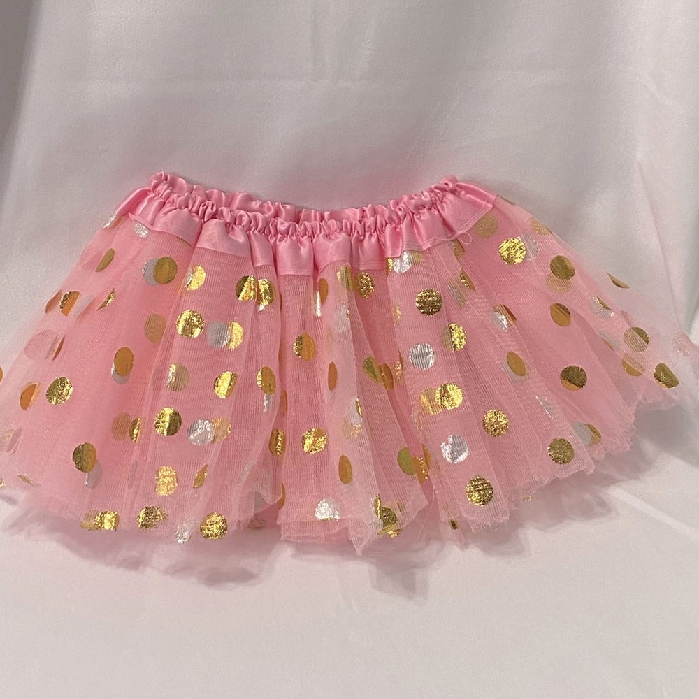 Pink Dress Up Tutu with Gold and Silver Large Polka Dots